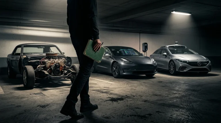 High-contrast documentary photograph of three vehicles in an industrial garage, symbolizing cloud service models: a car chassis (IaaS), an electric car (PaaS), and a self-driving car (SaaS), with a person observing.