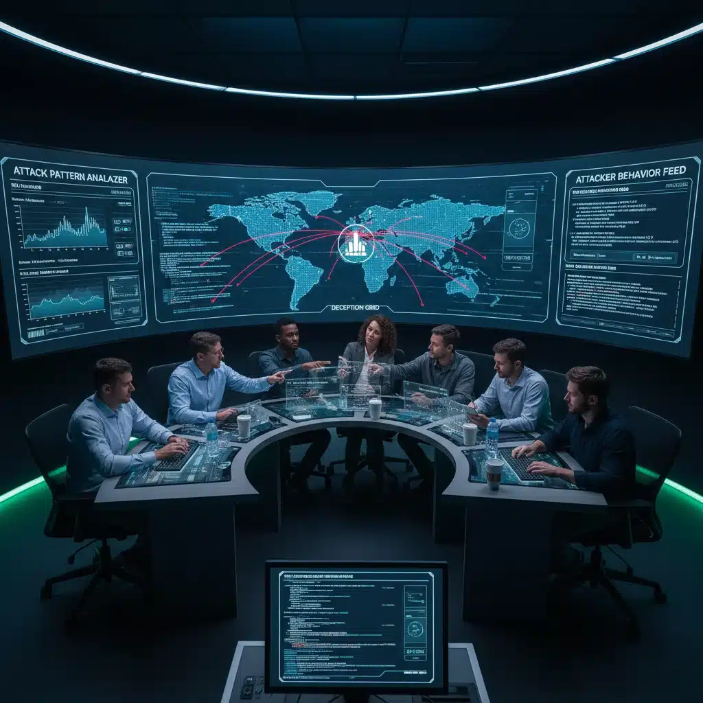 Incident response team analyzing attacker behavior data from a deception platform.