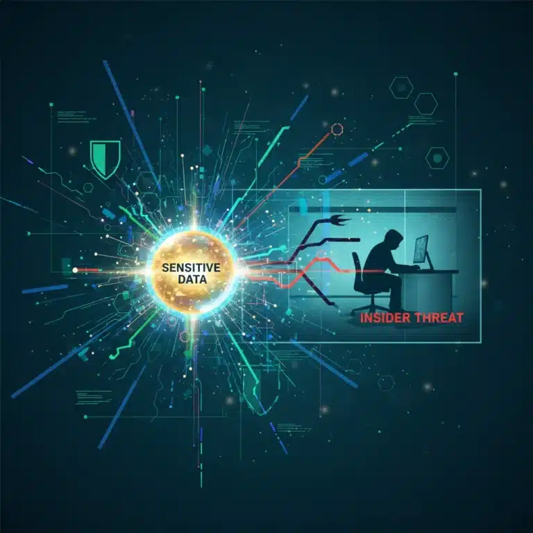 Digital illustration of insider threat detection, showing data protection and risky user behavior