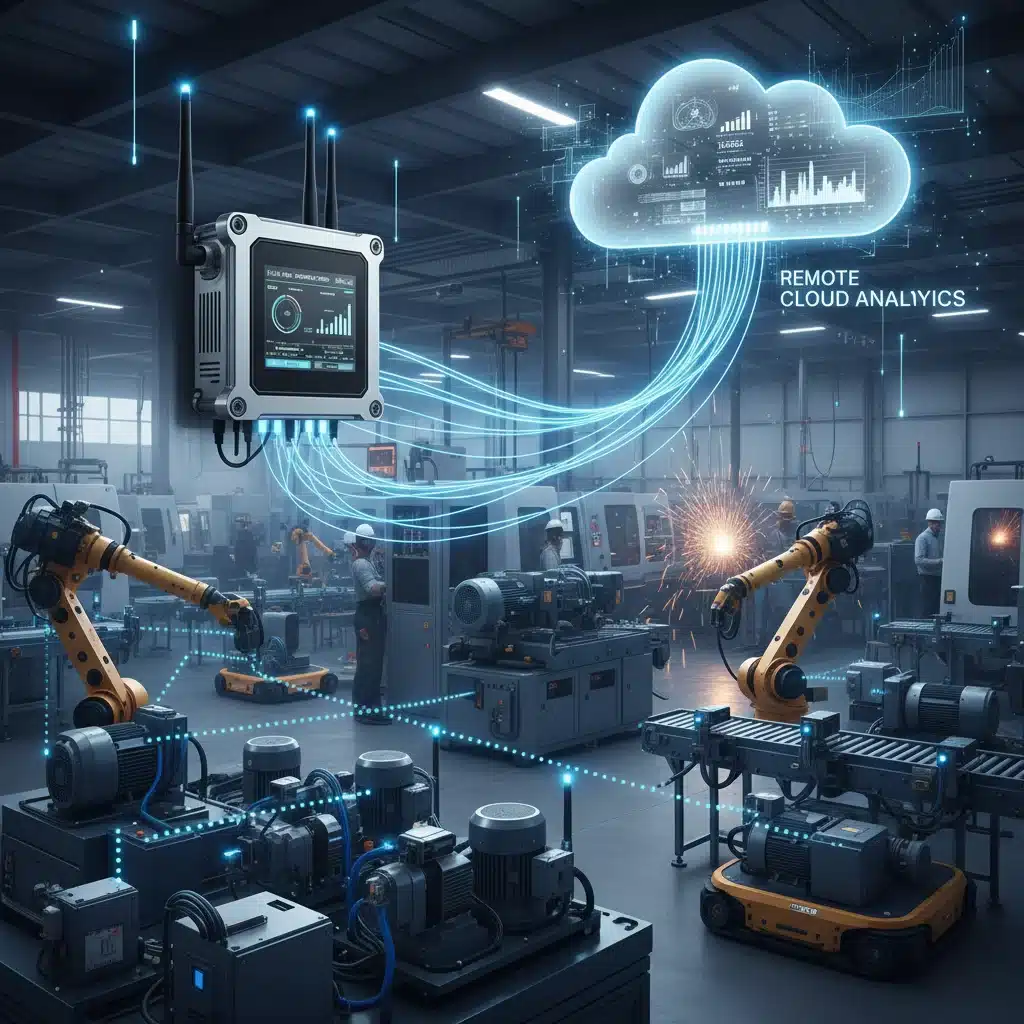 IoT devices on a factory floor connected to an edge gateway