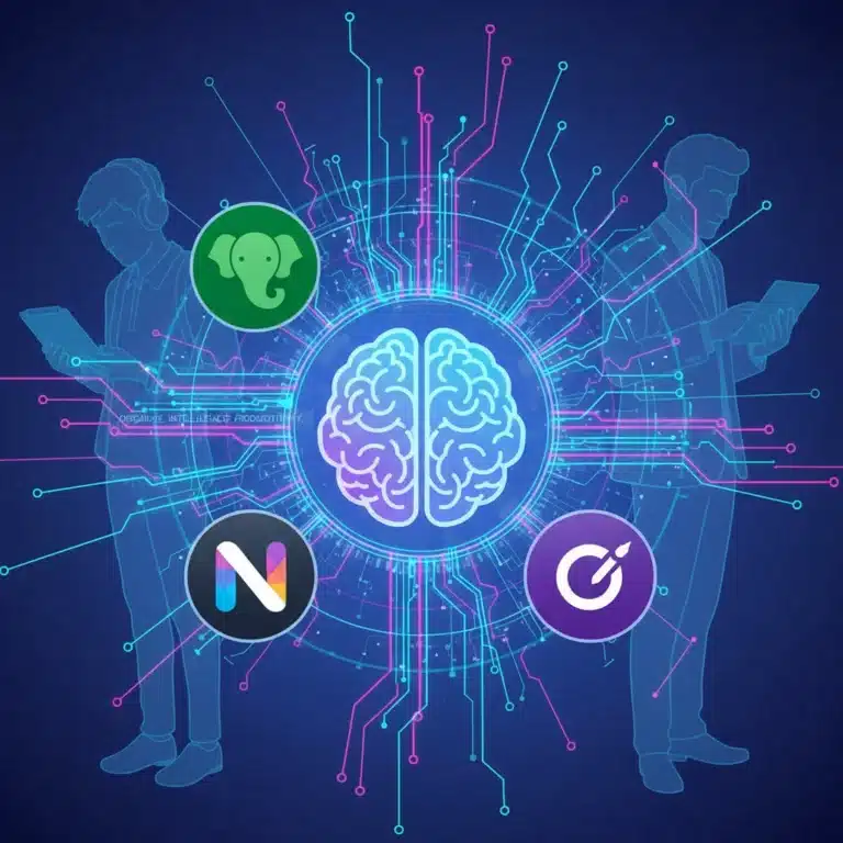 Evernote, Notion, and OneNote logos surrounding a digital brain, representing smart note-taking and organization for students and professionals in 2026.