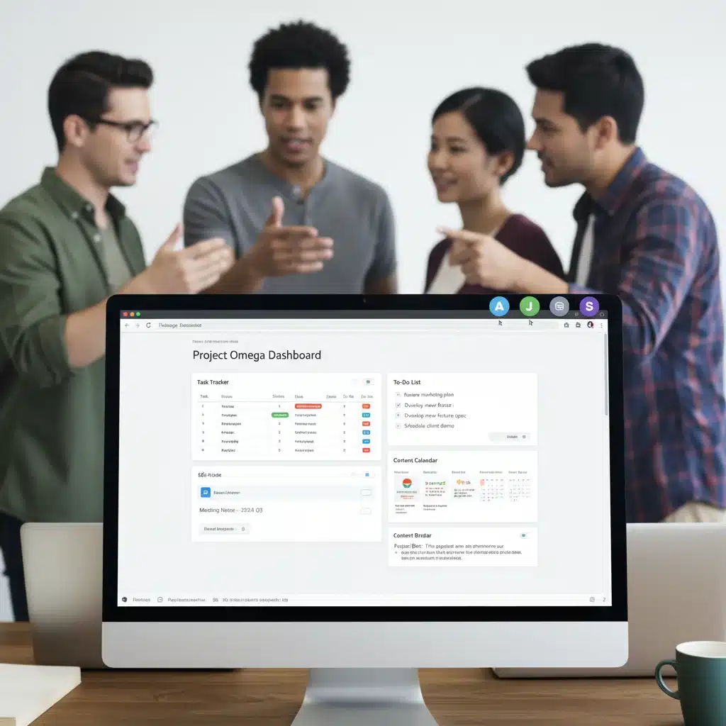 Notion collaborative workspace with multiple users co-editing a complex page featuring databases, linked pages, and task lists, showcasing its versatility.