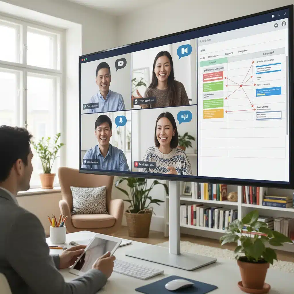 Diverse small business team collaborating remotely using project management software