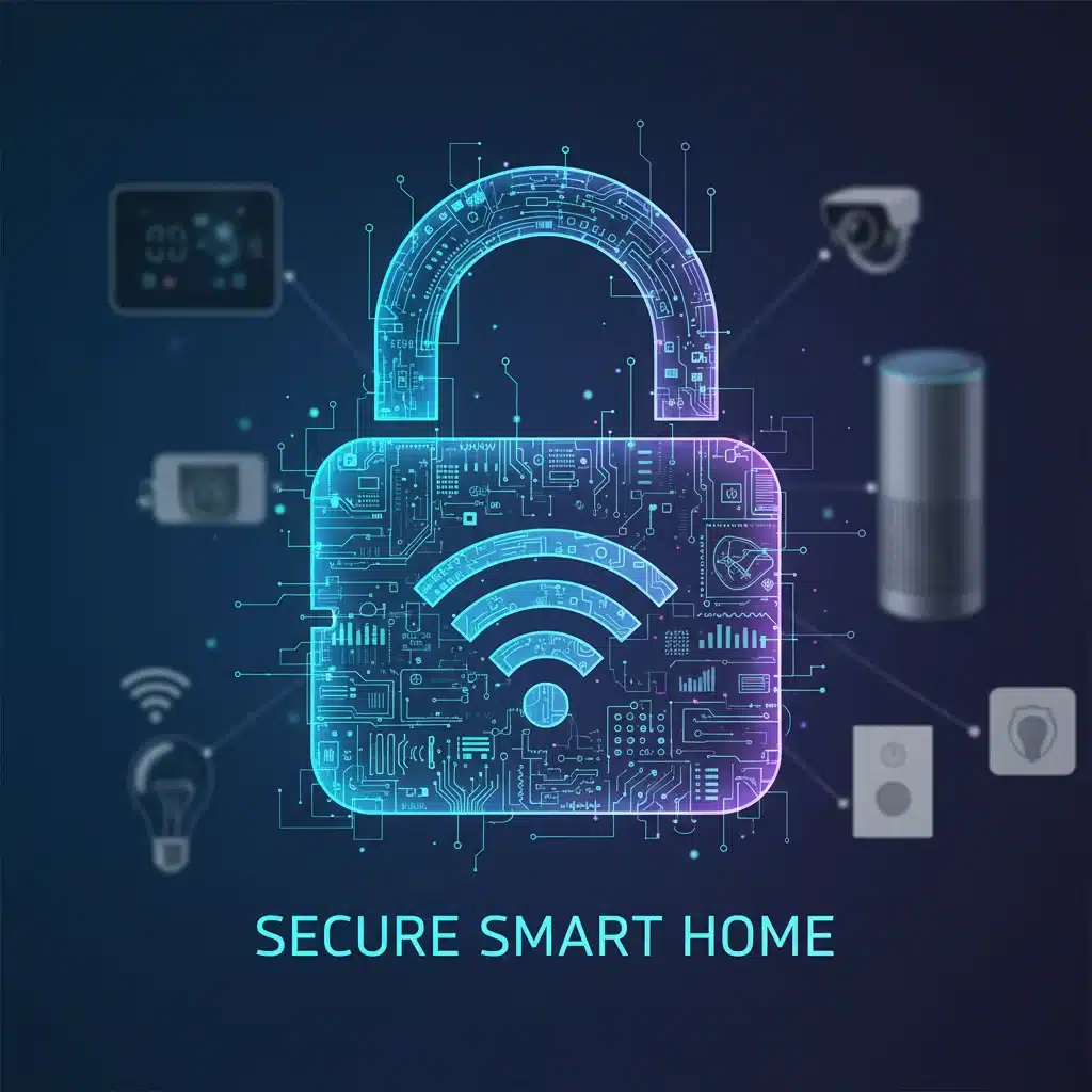 Encrypted data streams forming a padlock, symbolizing smart home data privacy