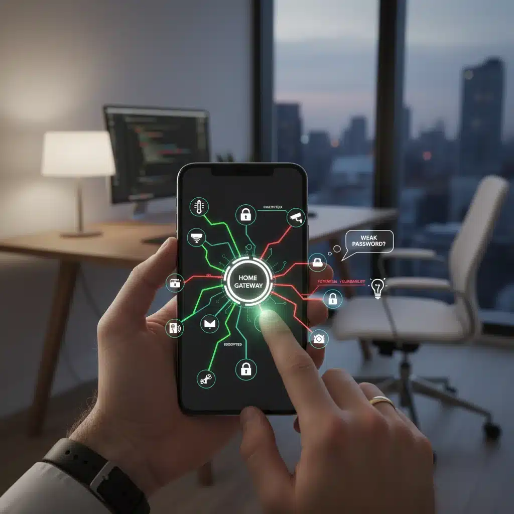 Person managing smart home network security on a smartphone