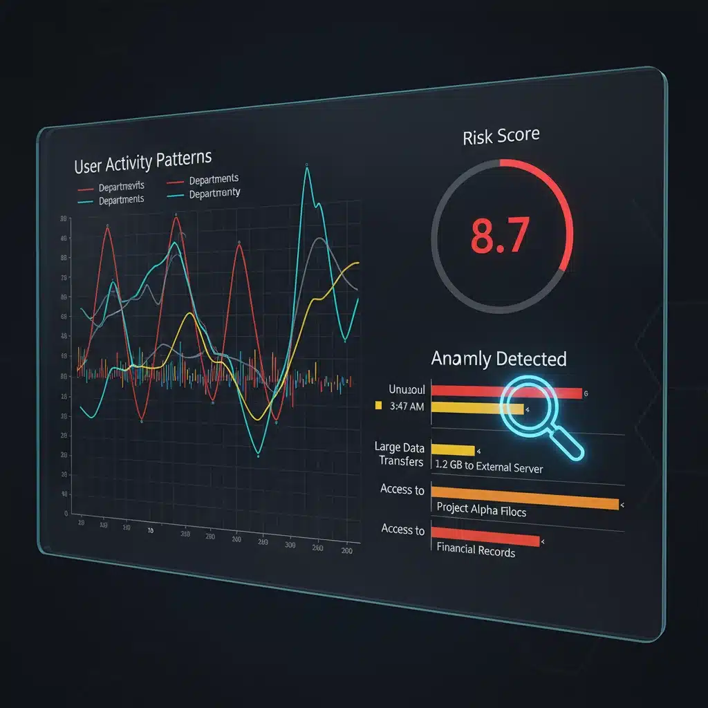 Screenshot of an insider threat detection dashboard displaying user activity analytics