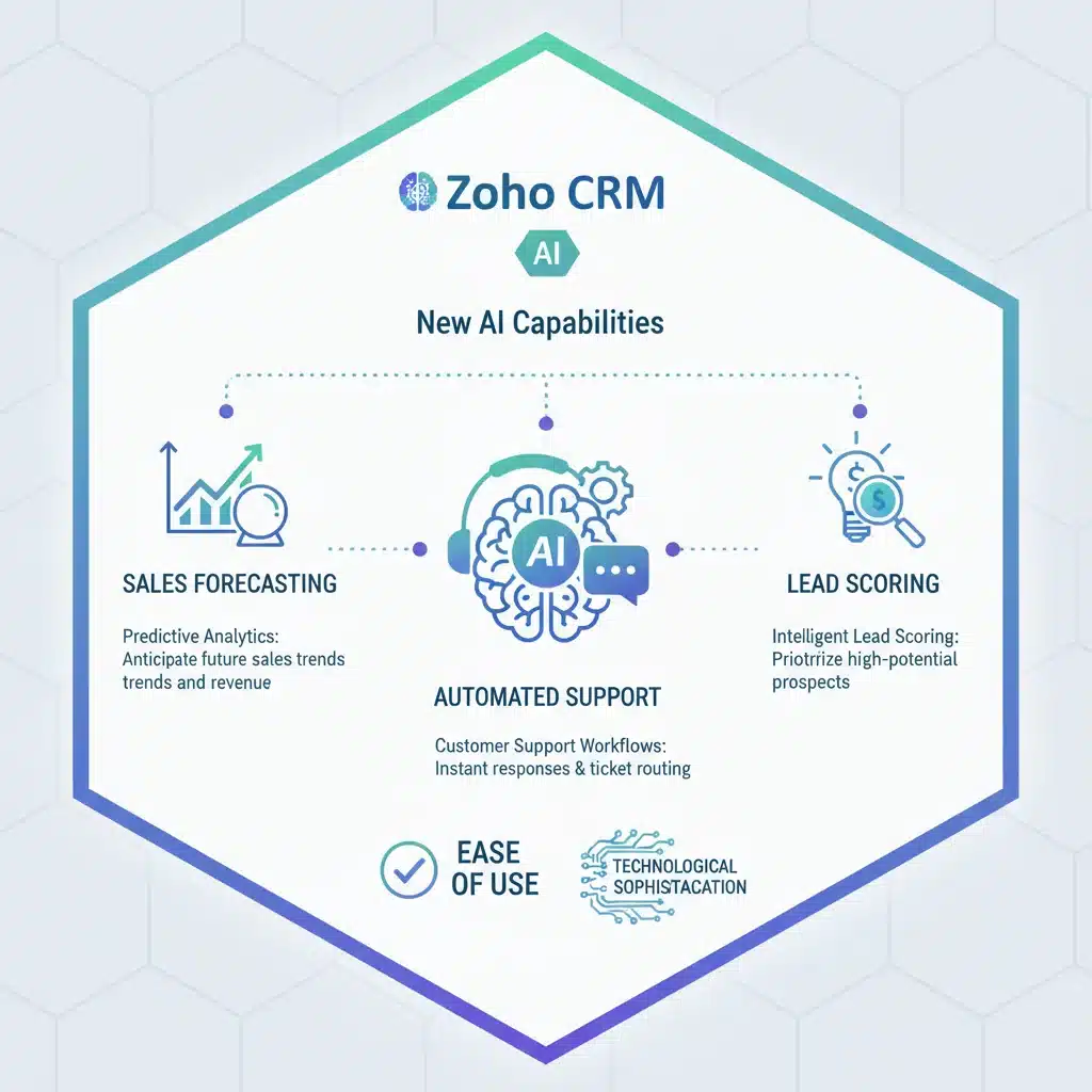 Zoho CRM new AI features infographic, showing predictive analytics, automated support, and intelligent lead scoring.