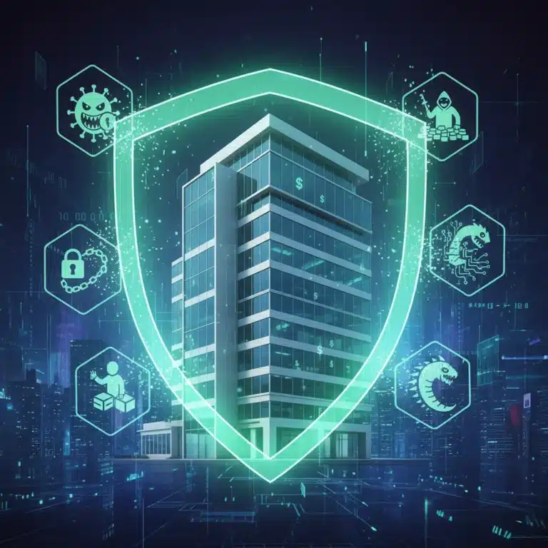 Digital shield protecting a mid-sized business from cyber threats, illustrating APT protection and financial security.