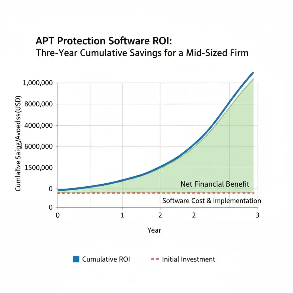 ROI graph demonstrating cumulative financial savings from APT protection software over three years.