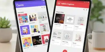 Canva versus Adobe Express user interfaces comparison on a tablet