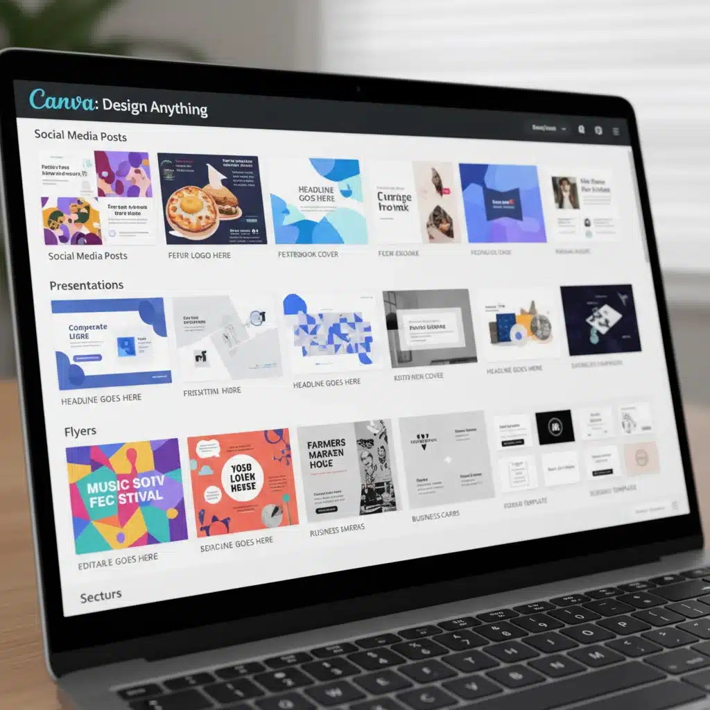 Canva's extensive template library displayed on a laptop screen