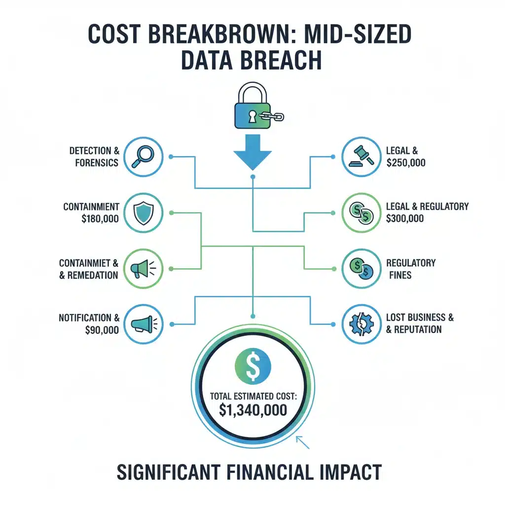 Infographic detailing the financial costs of a data breach for a mid-sized firm, including various expenses.