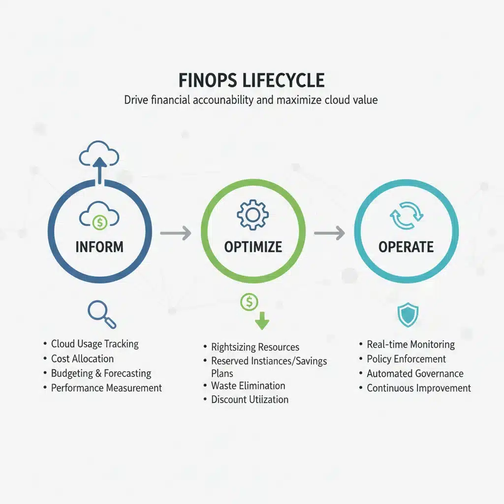 Infographic showing the FinOps lifecycle stages: Inform, Optimize, Operate.
