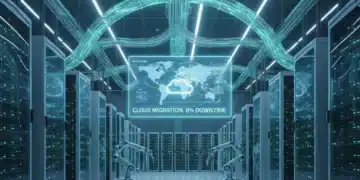 Futuristic data center symbolizing efficient cloud migration with minimal downtime