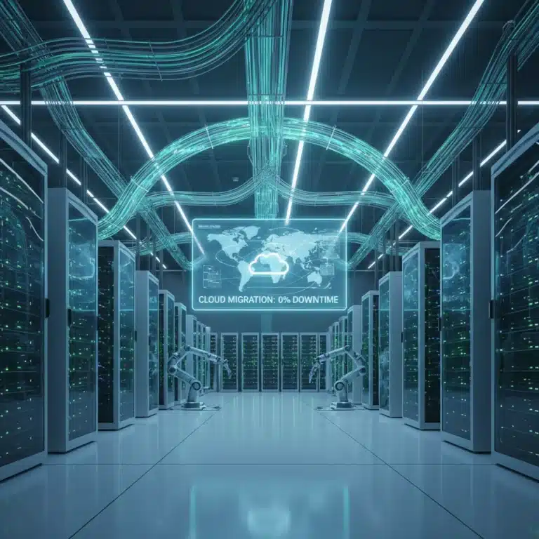 Futuristic data center symbolizing efficient cloud migration with minimal downtime