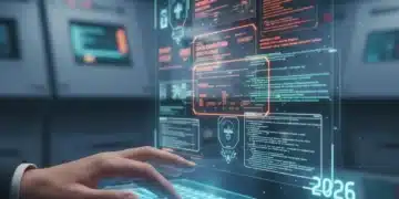Futuristic interface showing software glitches, hand troubleshooting