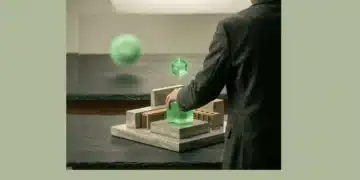 Cloud Service Providers: A Strategic Evaluation for Modern Businesses A person placing a glowing green cube onto a miniature concrete foundation, representing IaaS, PaaS, and SaaS cloud service models.