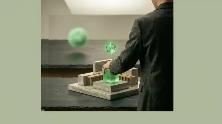 A person placing a glowing green cube onto a miniature concrete foundation, representing IaaS, PaaS, and SaaS cloud service models.