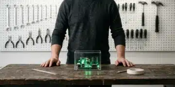 Cloud Services Unpacked: Architecting Your Digital Foundation Person in a minimalist garage looking at glowing green circuit boards on a workbench, symbolizing Infrastructure as a Service.