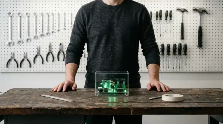 Person in a minimalist garage looking at glowing green circuit boards on a workbench, symbolizing Infrastructure as a Service.
