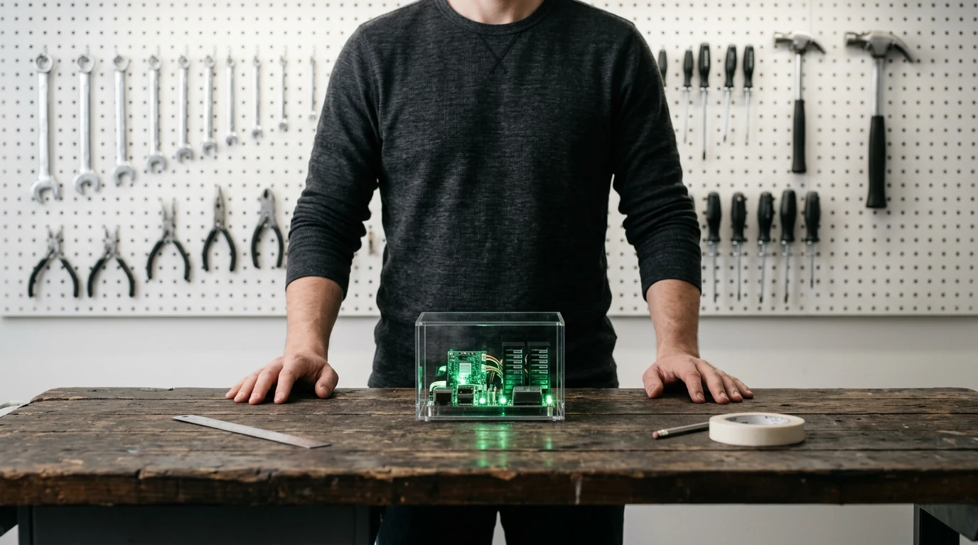 Person in a minimalist garage looking at glowing green circuit boards on a workbench, symbolizing Infrastructure as a Service.