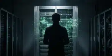 A person observing a holographic projection of polymorphic malware, symbolizing AI-driven cyber threats and the evolving landscape of security software.