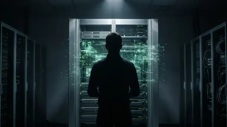 A person observing a holographic projection of polymorphic malware, symbolizing AI-driven cyber threats and the evolving landscape of security software.