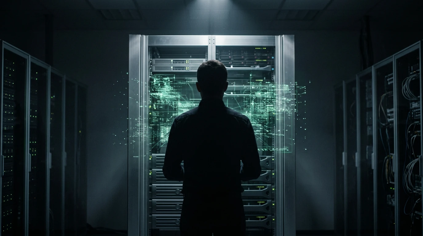 A person observing a holographic projection of polymorphic malware, symbolizing AI-driven cyber threats and the evolving landscape of security software.