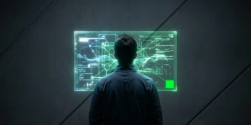 A person views a holographic display with abstract lines and geometric shapes, representing digital threats and cybersecurity, highlighting the need for digital self-defense.