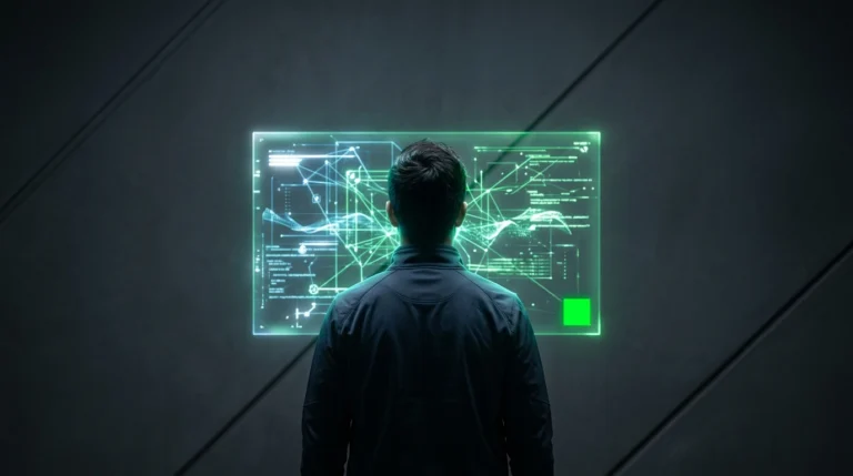 A person views a holographic display with abstract lines and geometric shapes, representing digital threats and cybersecurity, highlighting the need for digital self-defense.