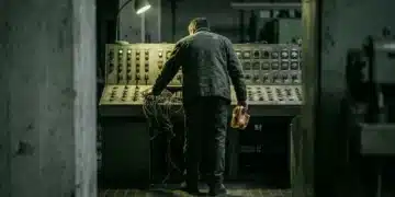 Architecting Digital Resilience: Expert Strategies for Cloud Security in Modern Enterprises Person hunched over a dimly lit, weathered industrial control panel, reaching for tangled wires, symbolizing human error and vulnerability in cloud security operations.