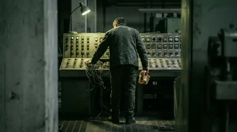 Person hunched over a dimly lit, weathered industrial control panel, reaching for tangled wires, symbolizing human error and vulnerability in cloud security operations.