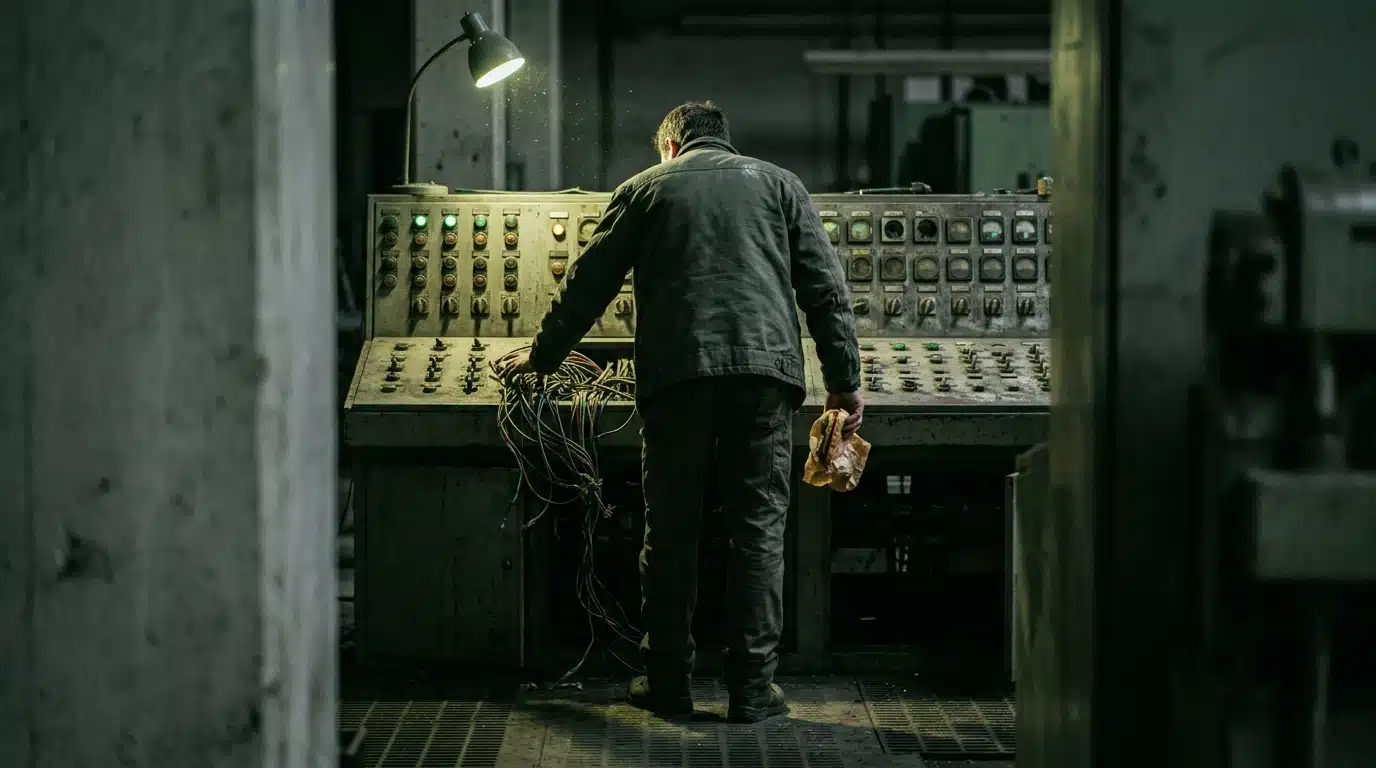 Person hunched over a dimly lit, weathered industrial control panel, reaching for tangled wires, symbolizing human error and vulnerability in cloud security operations.