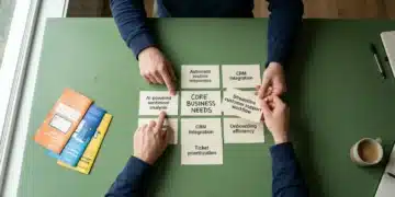 An overhead view of hands re-prioritizing index cards on a green desk, shifting focus from a trendy 'AI-powered sentiment analysis' feature to a 'Streamline customer support workflow' card, surrounded by discarded marketing brochures, illustrating a common tech assessment pitfall.