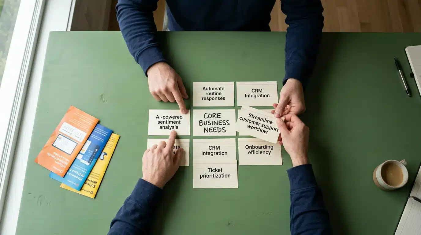 An overhead view of hands re-prioritizing index cards on a green desk, shifting focus from a trendy 'AI-powered sentiment analysis' feature to a 'Streamline customer support workflow' card, surrounded by discarded marketing brochures, illustrating a common tech assessment pitfall.