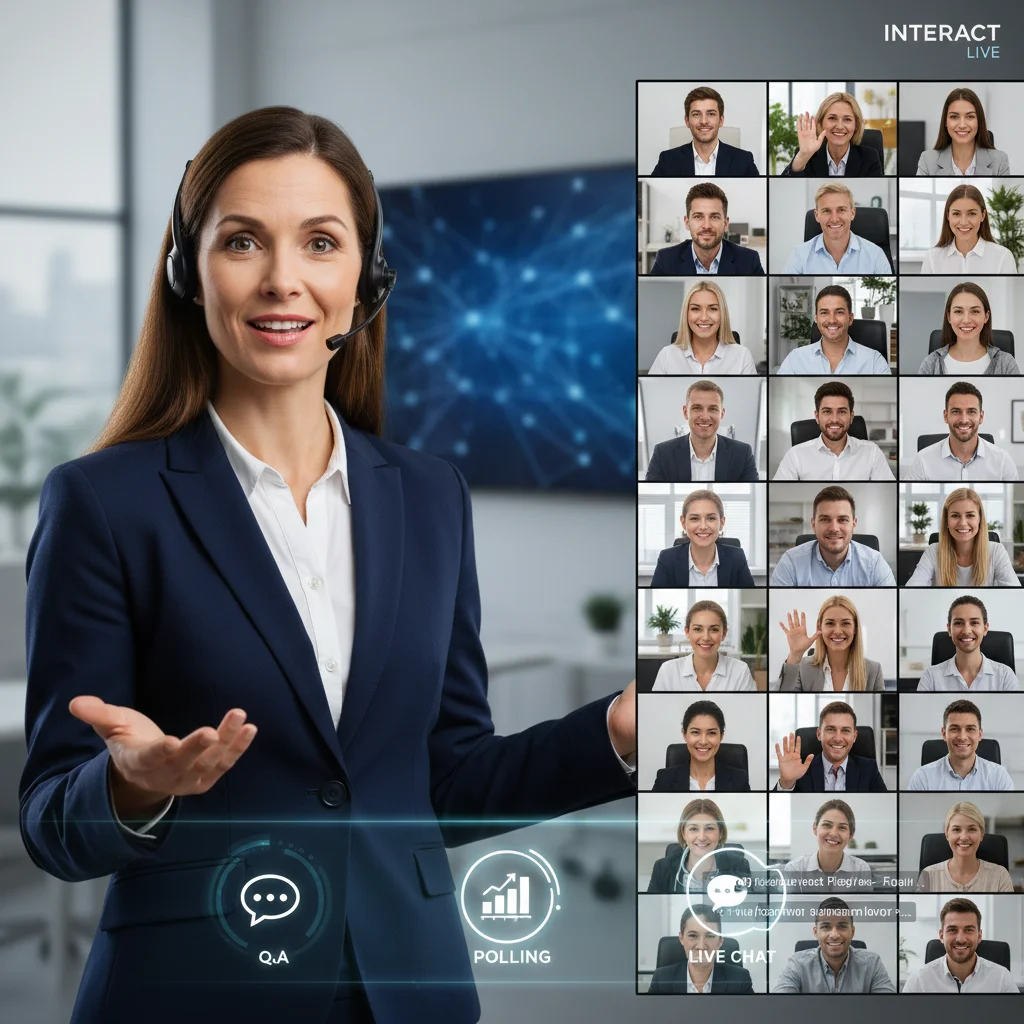 Interactive webinar features demonstration with a presenter and large audience engaged in Q&A and polling.
