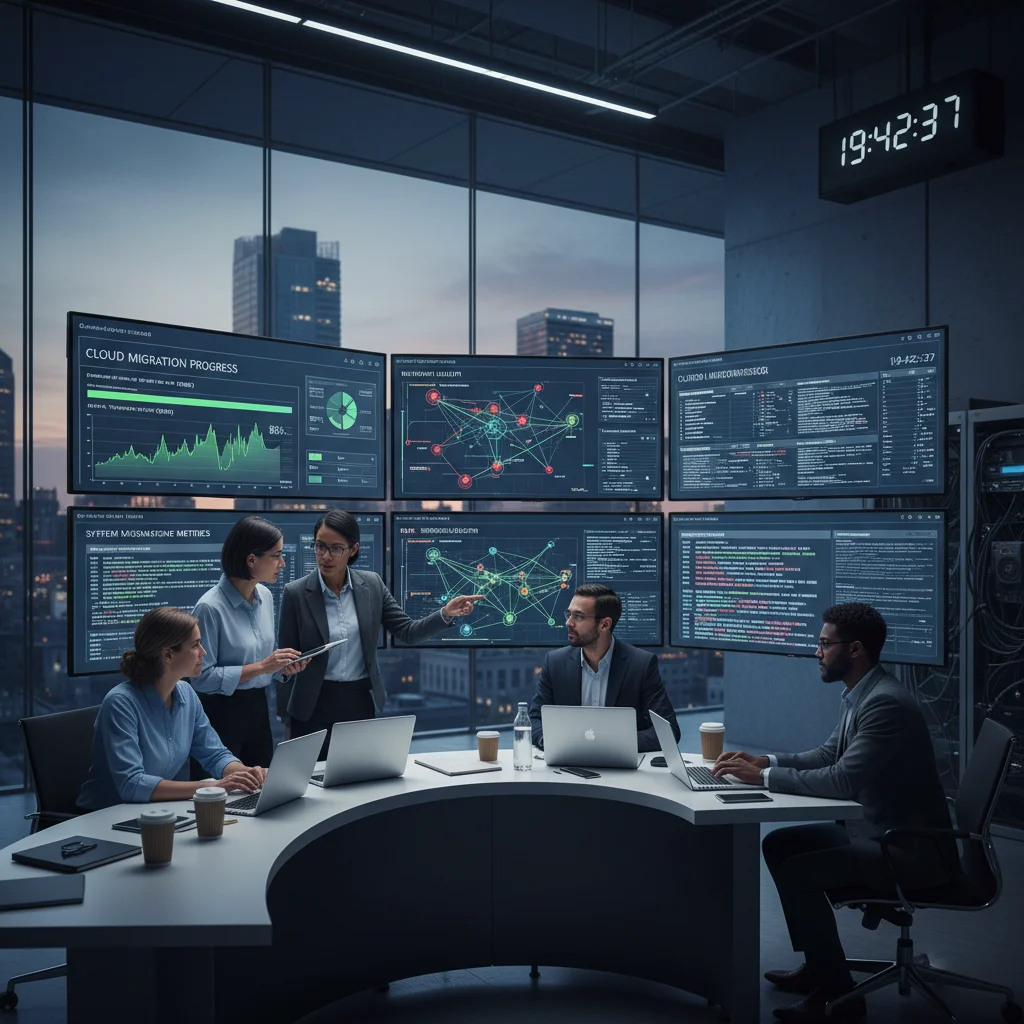 IT team monitoring cloud migration dashboards for real-time performance
