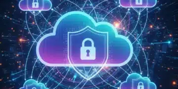 Mastering Multi-Cloud Security: Strategies for a Hybrid World Abstract digital illustration of multi-cloud security with interconnected clouds and shields.