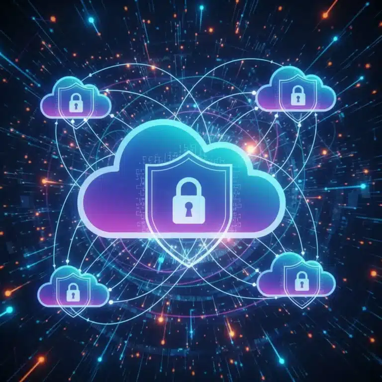 Abstract digital illustration of multi-cloud security with interconnected clouds and shields.