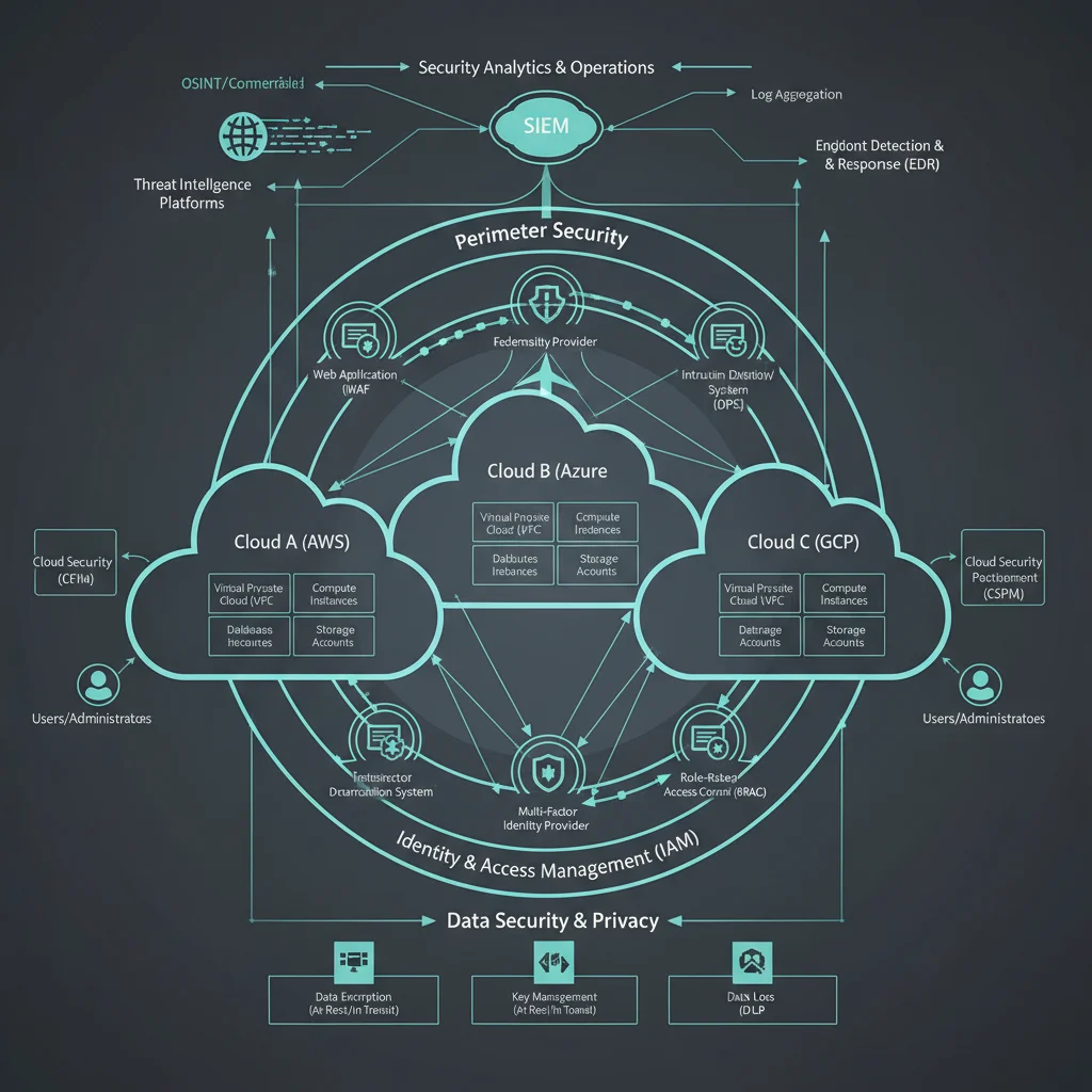Diagram showing interconnected security layers and components in a multi-cloud environment.