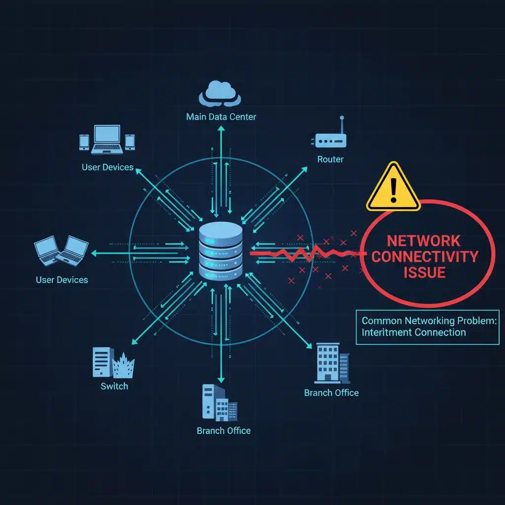 Network diagram showing a connectivity issue with broken lines and alert icon