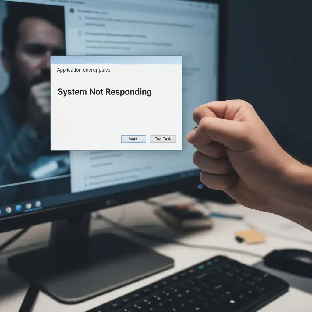 Computer screen with 'System Not Responding' error, frustrated user