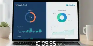 Toggle Track vs Clockify comparison on laptop screen with data charts