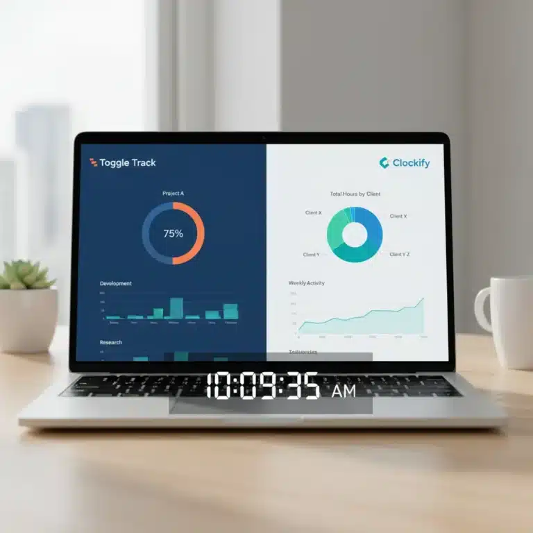 Toggle Track vs Clockify comparison on laptop screen with data charts