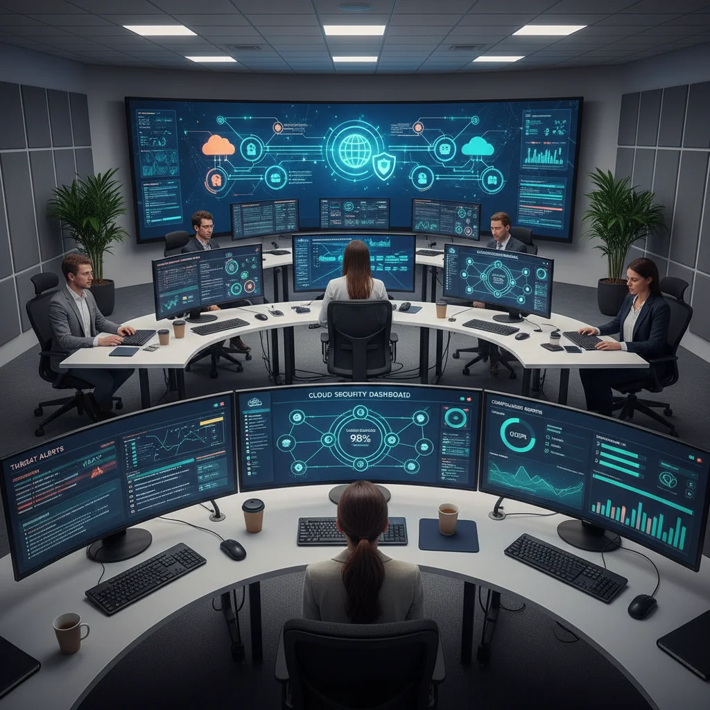 Cybersecurity team monitoring multi-cloud security dashboards with unified visibility.
