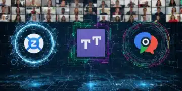 Virtual meeting software comparison: Zoom, Microsoft Teams, Google Meet logos on a digital network background.