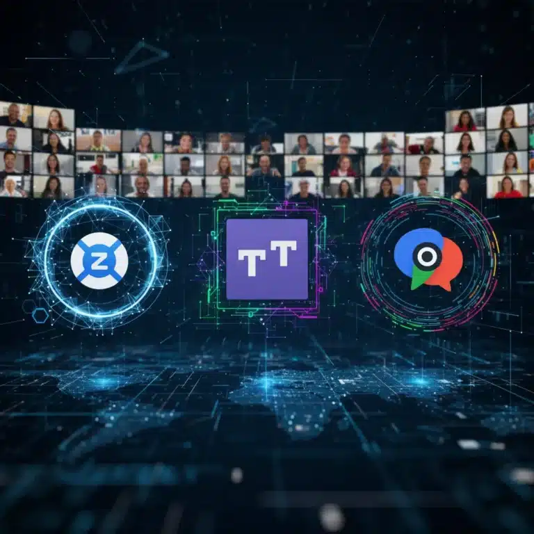 Virtual meeting software comparison: Zoom, Microsoft Teams, Google Meet logos on a digital network background.