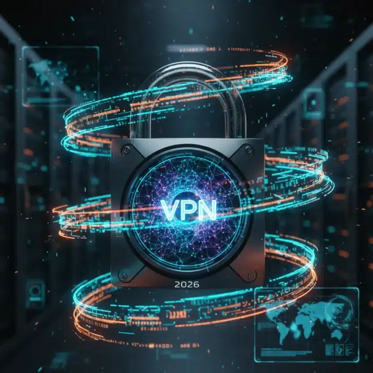 Digital padlock with glowing network symbolizing VPN anonymity and online security in 2026