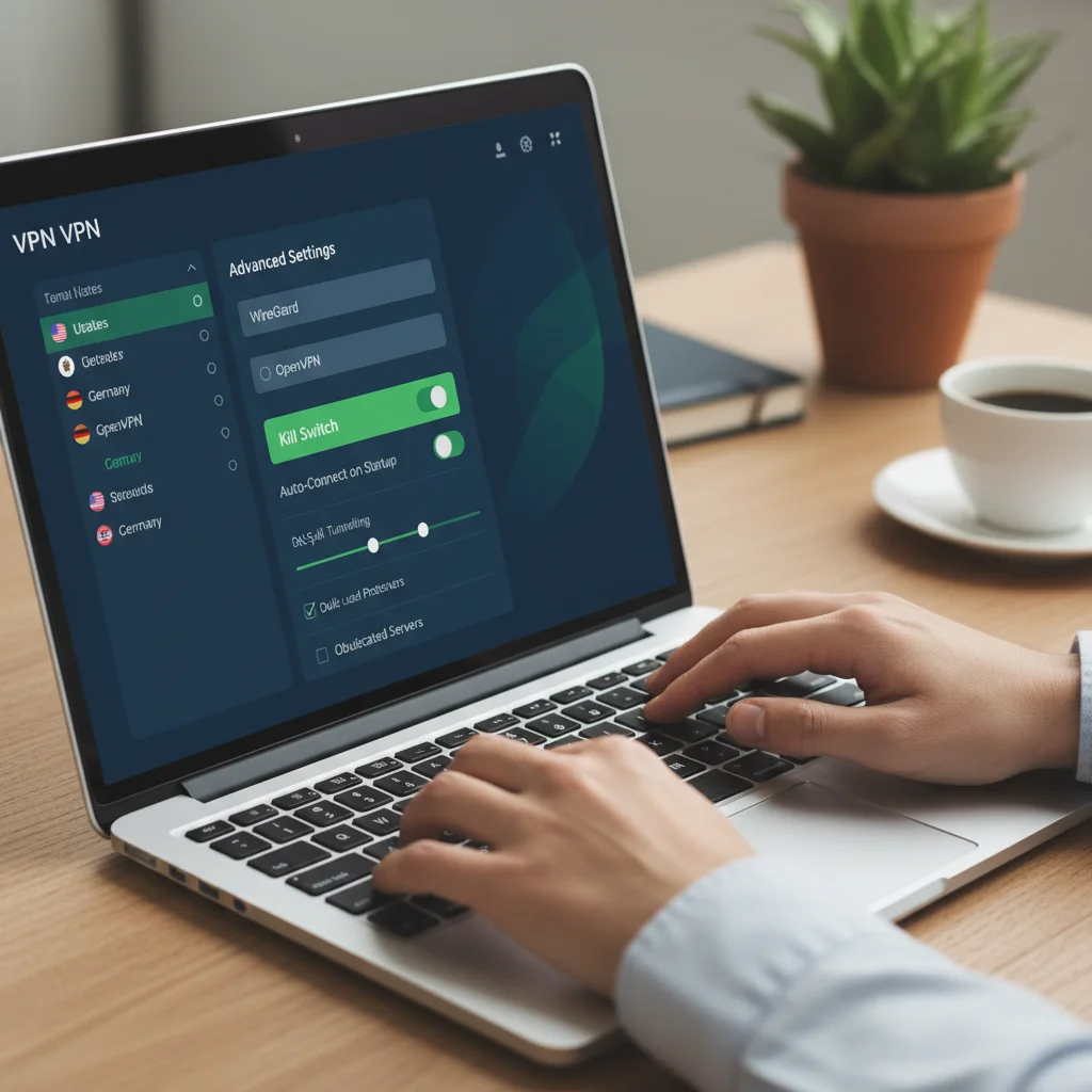 User configuring VPN settings on laptop for enhanced anonymity