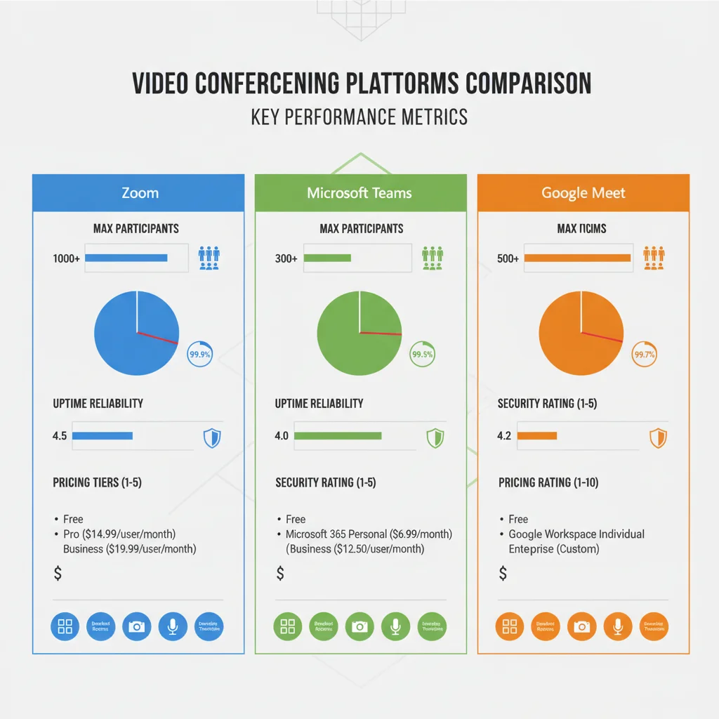 Infographic comparing performance metrics and features of Zoom, Microsoft Teams, and Google Meet for webinars.